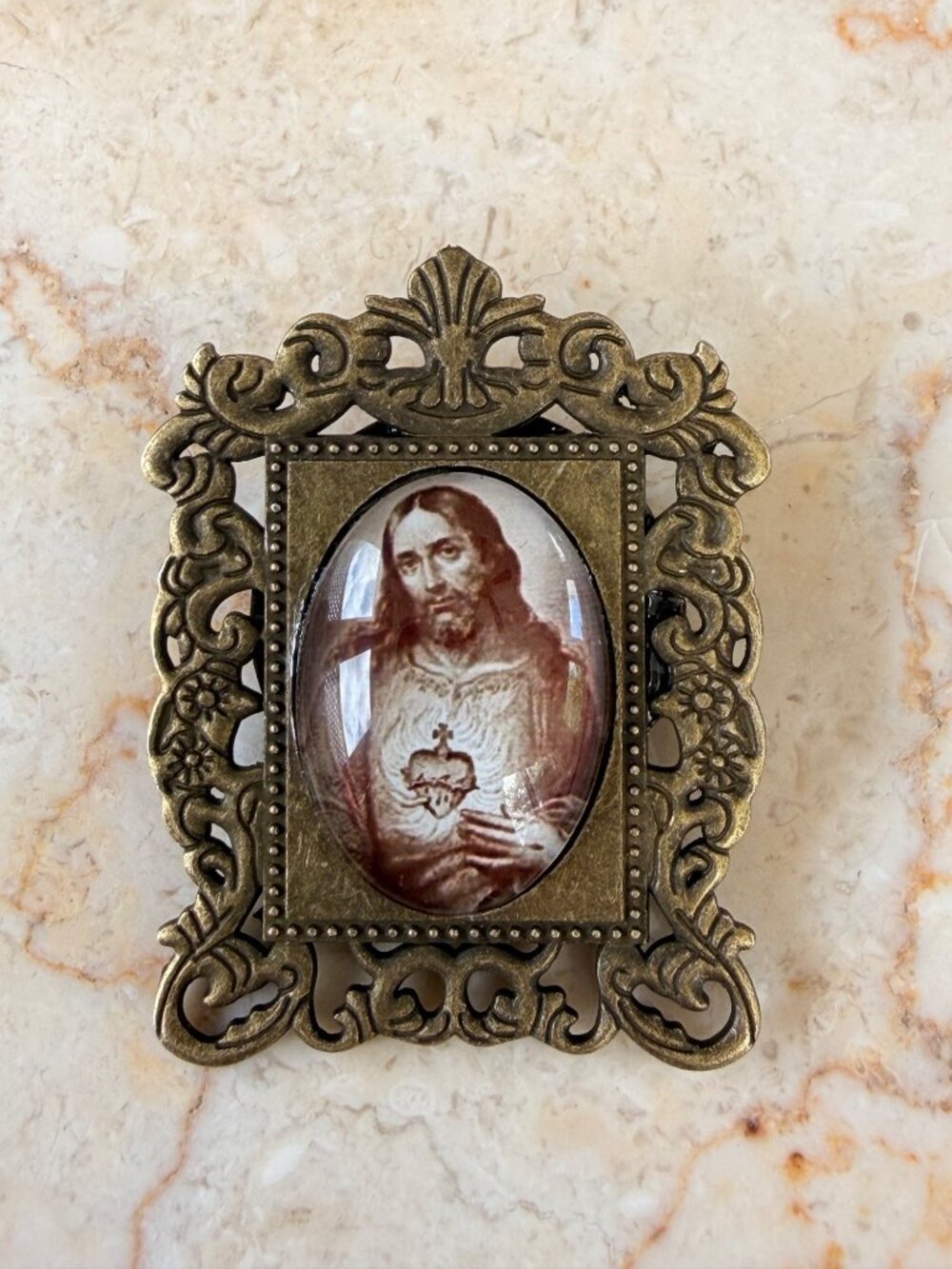 Sacred Heart Jesus Religious Brass Brooch With Gift Box - Ornate Design 2 Inch P